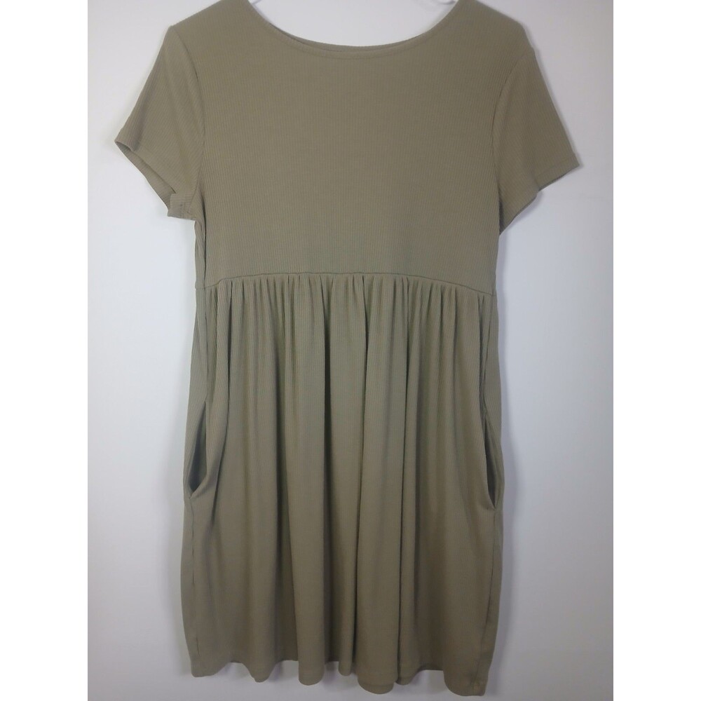 Women’s Wild Fable Green Ribbed Babydoll Dress Size M Short Sleeve Pockets GUC